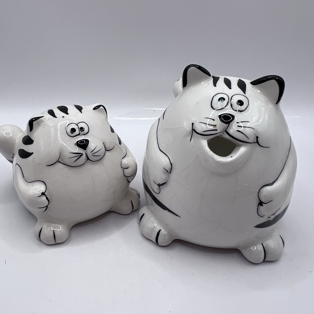 Pier 1 Fat Cat White And Black Striped Cat Salt Shaker And Creamer 3"